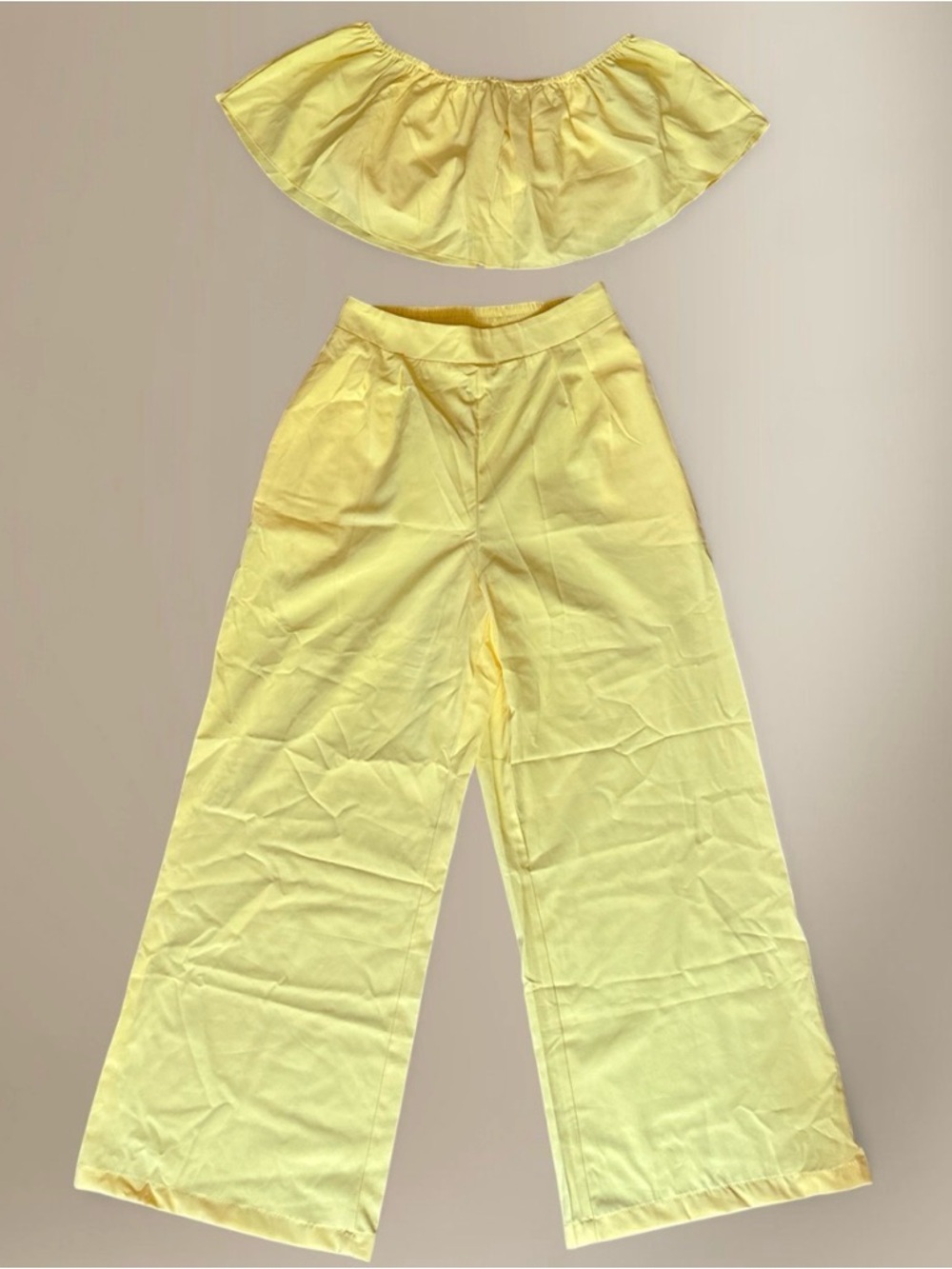 Yellow off shoulder crop top and pants set